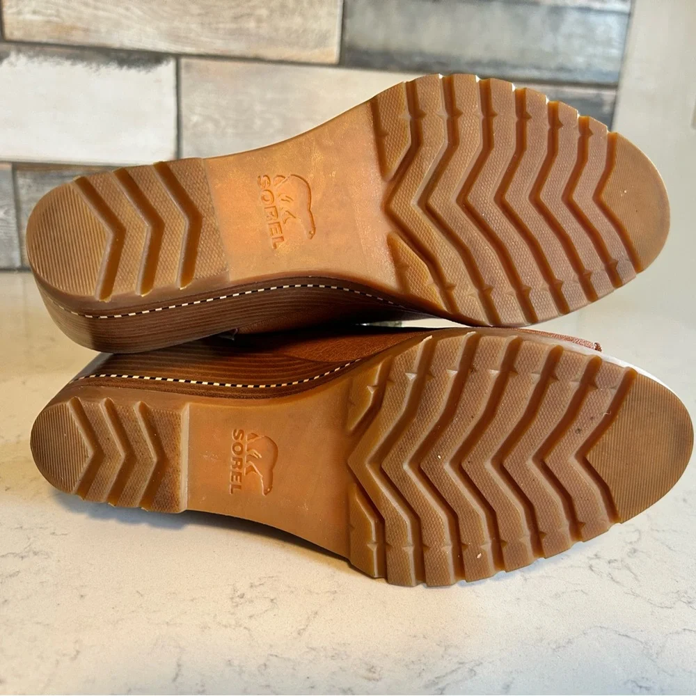 Sorel Nadia Camel Brown Leather Slingbacks Wedge Heeled Sandals - Picture 14 of 14